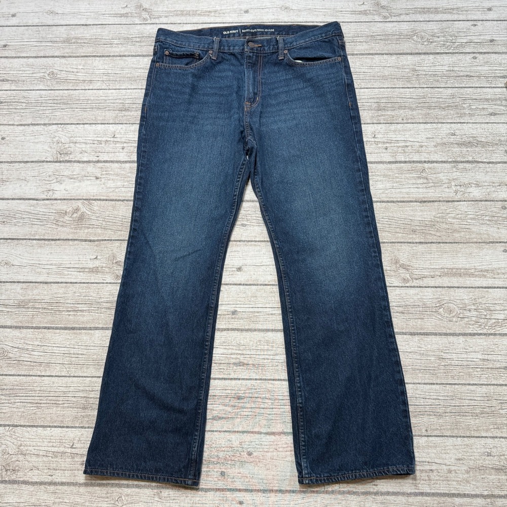 Old Navy Jeans Mens 36x32 Blue Dark Wash Denim Bootcut Mid Rise Whiskered Cotton